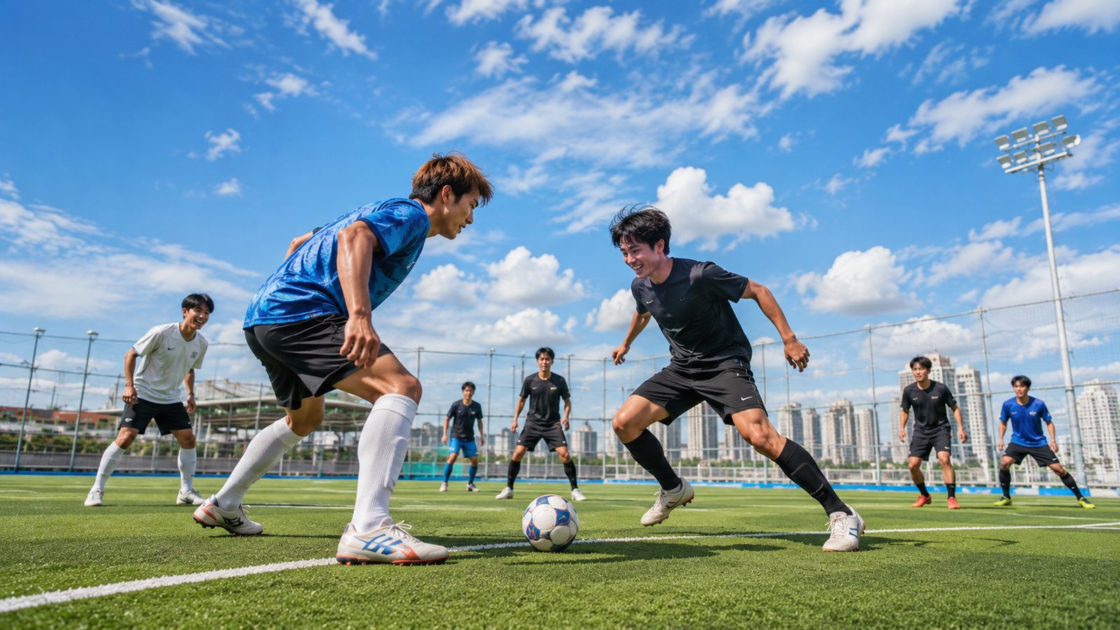 屋外のフットサルコートで試合をする大学生たち